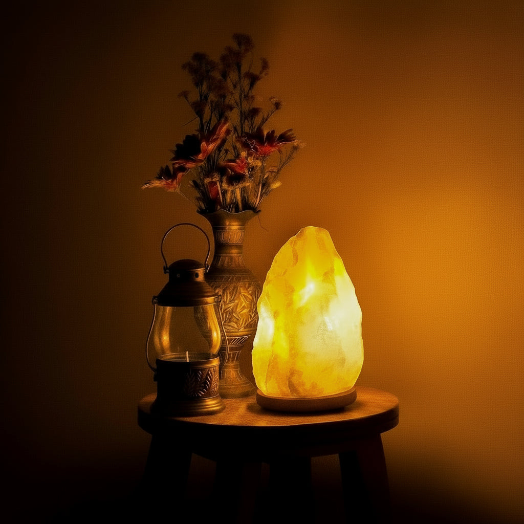Decorative setup with a lit salt lamp and vase of flowers on a wooden surface against a warm-toned wall.
