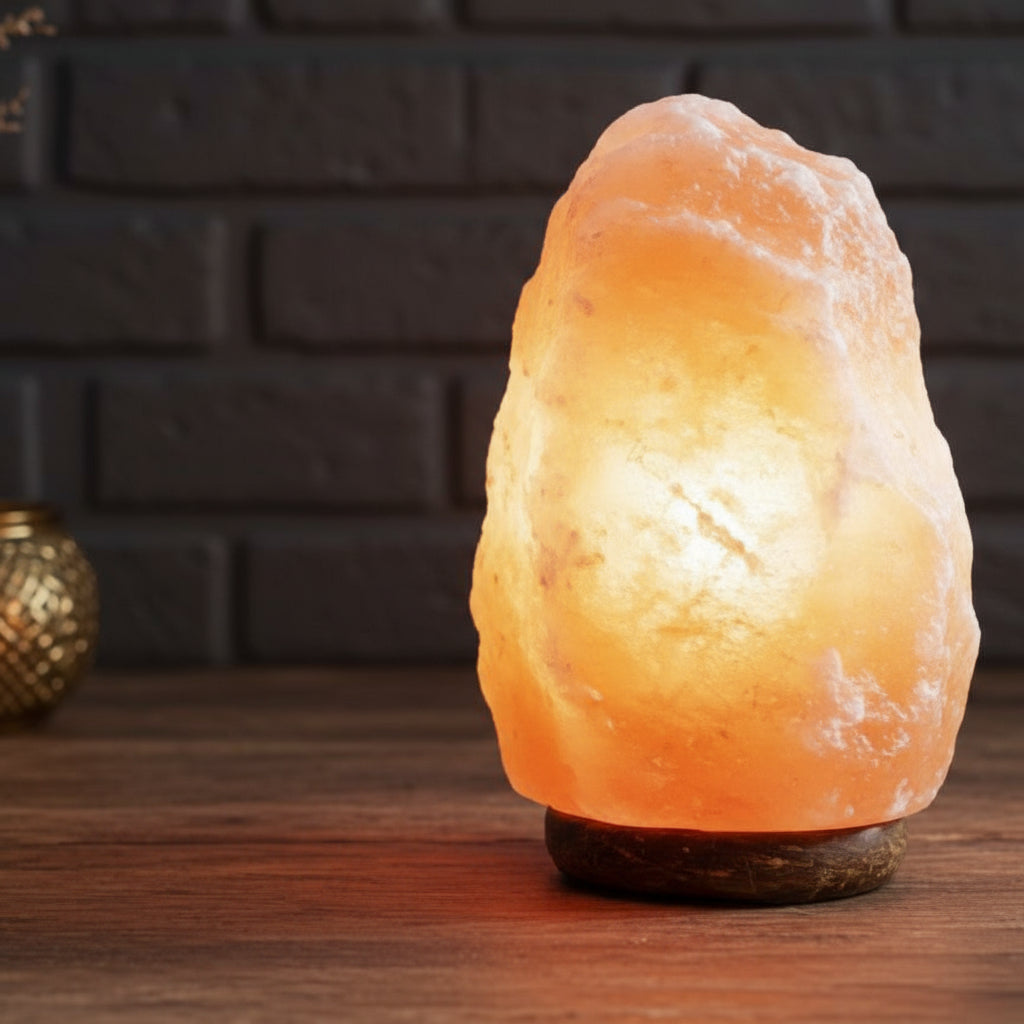 Himalayan salt lamp on a wooden surface with a brick wall background